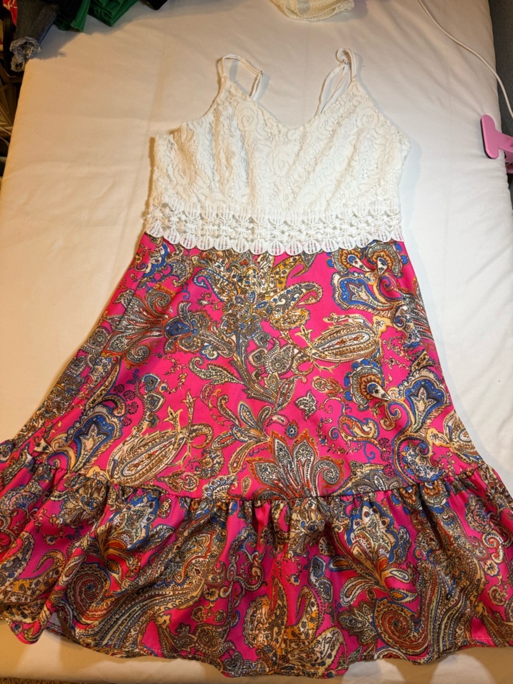 White Lace Top Pink Paisley Summer Dress